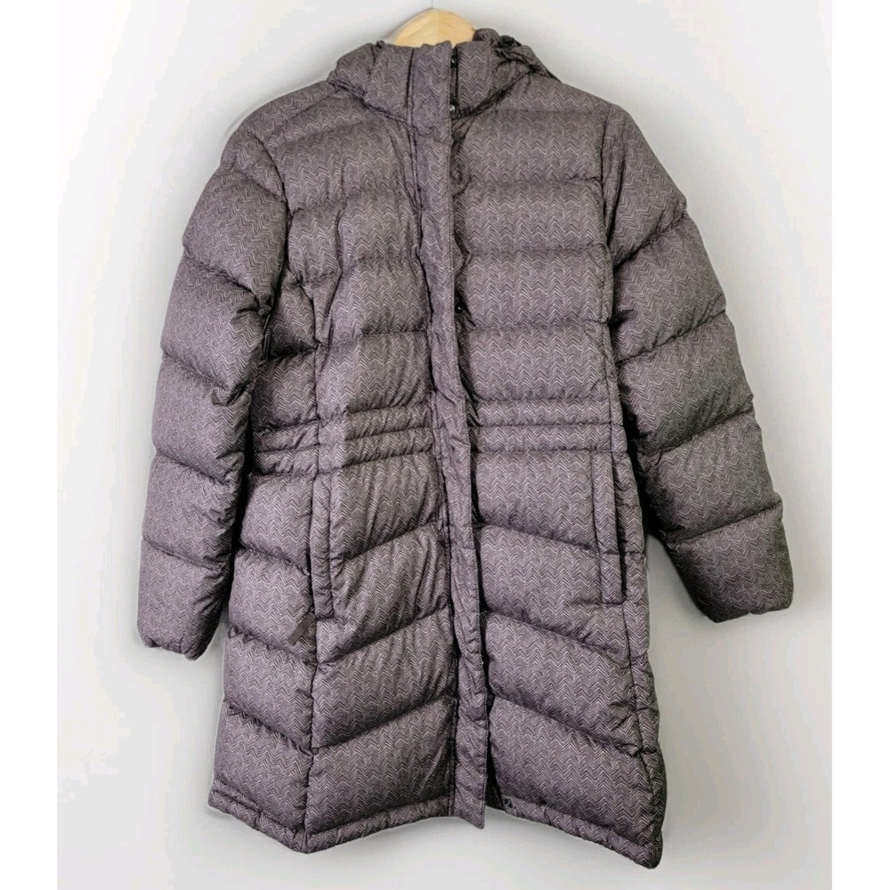 L.L.Bean Women's Puffer Coat Hooded Down Insulated Long Brown Chevron L‎ Reg